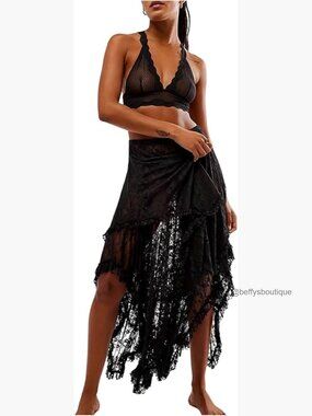 Western Lace Maxi Skirt Asymmetrical Ruffle Trim Elastic Waist